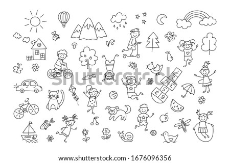 Happy children in summer park. Funny small kids play, run and jump. Set of elements in childish doodle style. Hand drawn vector illustration