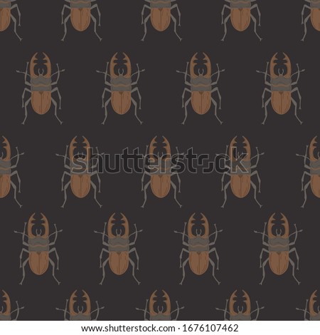 Seamless pattern with stag-beetles on dark background. Vector drawing of bugs. Pattern for the fabric.
