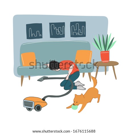 Young man cleaning the floor with vacuum cleaner. Dog is playing with the ball. Daily routine, hand drawn vector illustration cute cartoon style.