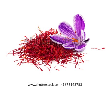 Dried saffron spice with flower isolated on white background Royalty-Free Stock Photo #1676143783