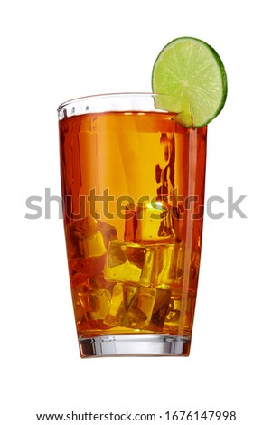 Long Island cocktail with ice cubes is contained in a highball glass with a lime circle on the rim and a straw. The showy illustrative picture is made on the white backdrop.
