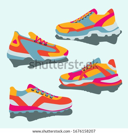 Set of colorful bright yellow pink blue orange sneakers. Vector flat simple illustration of fitness and sport, gym shoe. Sign shop graphics