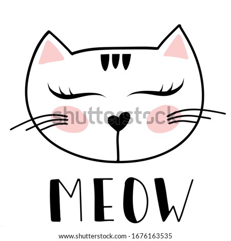 Head of cute white cat with hand lettering word Meow on white background. Vector illustration.