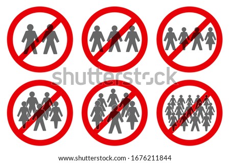 Ban on gathering symbols. Prohibition of assembly for two, three, four, five, six or more people. Isolated vector illustration on white background.
 Royalty-Free Stock Photo #1676211844