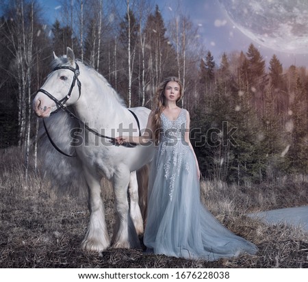 Art photo of a white horse in a winter forest and a beautiful blond maiden