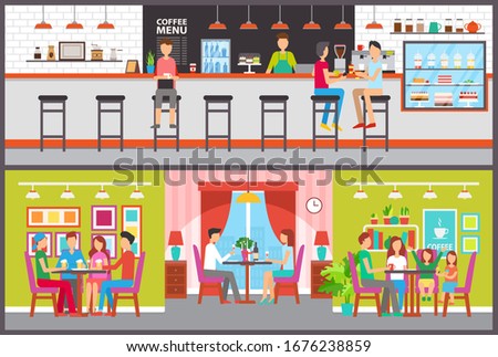 Counter and tables in cafe and bar or coffee house raster. Bartender or barista and visitors, desserts in showcase, family and friends eating out