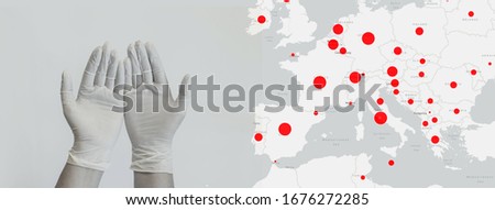 Coronavirus or covid19 pandemic. Horizontal panorama web banner with doctor hands in latex rubber gloves and world map with virus infection sign