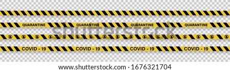 Strips of quarantine. Warning coronavirus quarantine yellow and black stripes. Isolated on transparent background. Vector Royalty-Free Stock Photo #1676321704