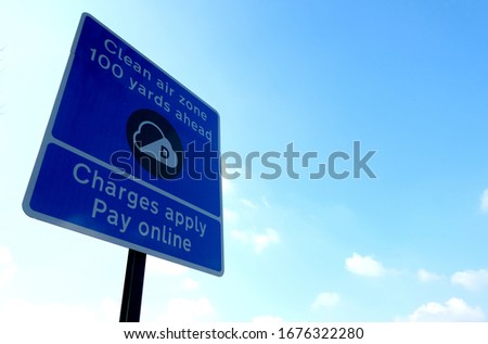 Clean Air Zone CAZ road sign in Birmingham, UK. Royalty-Free Stock Photo #1676322280