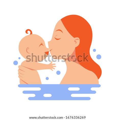 Mother bathing with baby, Mother's Day logo happy cartoon vector