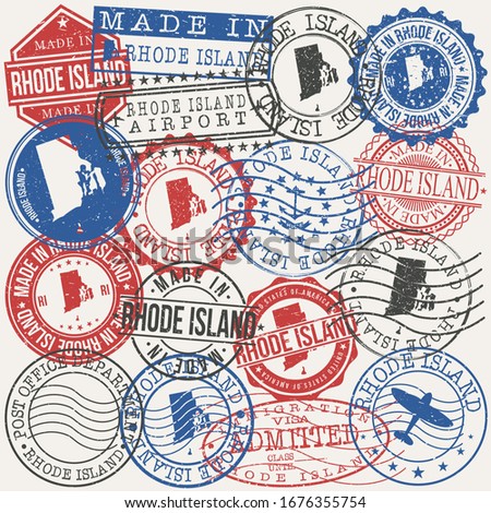 Rhode Island, USA Set of Stamps. Travel Passport Stamps. Made In Product. Design Seals in Old Style Insignia. Icon Clip Art Vector Collection.