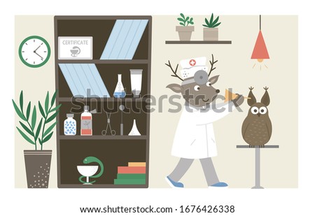 Vector hospital ward. Funny animal doctor checking patients ears in clinic office. Medical interior flat illustration for kids. Health care concept