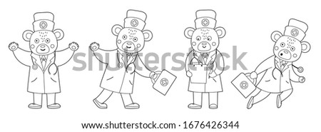 Set of vector outline bear doctors in medical hat with stethoscope. Cute funny animal character. Medicine coloring page for children. Healthcare icon isolated on white background