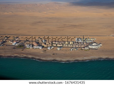 Aerial picture of Afrodite Beach at the Atlantic Ocean on the Skeleton Coast in western Namibia during summer