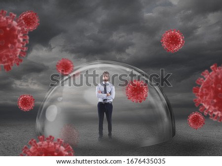 Businessman safely inside a shield dome that protects him from virus. Protection and safety concept Royalty-Free Stock Photo #1676435035