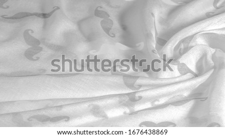 Texture background, white silk fabric with painted cartoon mustache, Geekly Mustache cream, Geekly Mustache white