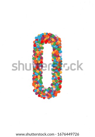 Confetti number. Number zero made from confetti. Number decoration card