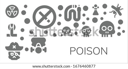 Modern Simple Set of poison Vector filled Icons. Contains such as Radioactive, No smoking, Cobra, Skull, Snake, Gas mask, Poison and more Fully Editable and Pixel Perfect icons.