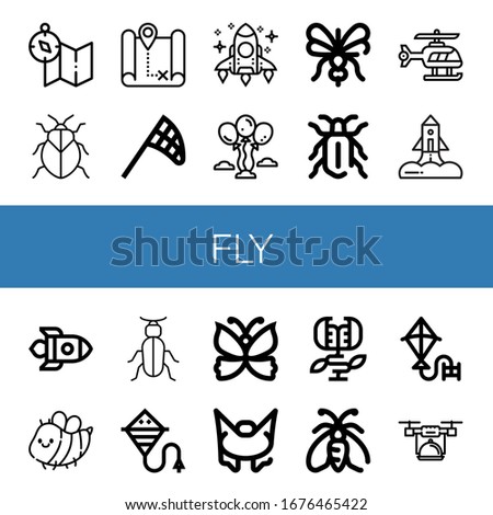 fly simple icons set. Contains such icons as Map, Stink bug, Butterfly net, Rocket, Balloons, Mosquito, Beetle, Helicopter, Bee, Kite, Butterfly, can be used for web, mobile and logo