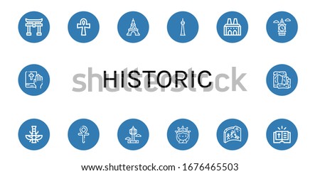 historic icon set. Collection of Shinto, Ankh, Eiffel tower, Berlin, National palace of sintra, Big ben, Faravahar, Park tower, Statue of liberty, Cave painting, Bible, Stonehenge icons