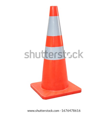 Pylon sign Orange and White reflective traffic cone isolated on white background.concept for hazards and safety. Royalty-Free Stock Photo #1676478616