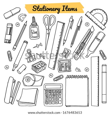 Vector collection of stationery items. Set of school or office supplies. Wide variation of things in doodle style. Pencil, ruler, sharpener, knife, glue, marker and many more.  Colorless illustration.