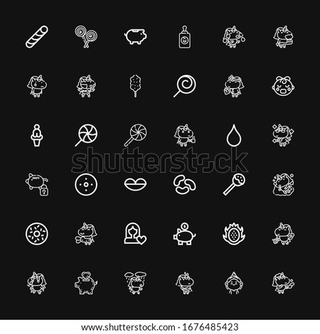 Editable 36 pink icons for web and mobile. Set of pink included icons line Unicorn, Birthday girl, Piggy bank, Dragon fruit, Women rights, Doughnut, Lollipop on black background