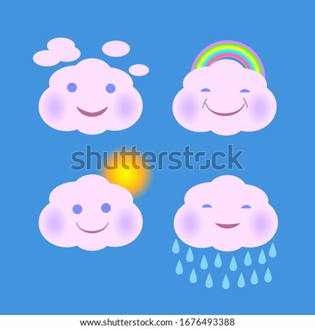 Vector set of cartoon cute clouds with sun, rainbow, rain
