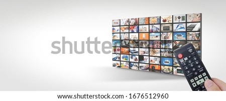 Television streaming, TV multimedia panel. Web banner image with copy space Royalty-Free Stock Photo #1676512960