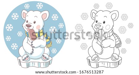 Coloring page. Colouring picture with white bear. Cartoon animal clipart set for nursery poster, t shirt print, kids apparel, greeting card, wallpaper or banner.