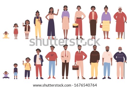 African american black woman and man in different ages vector illustration. Human life stages, childhood, youth, adulthood and senility. Children, young and elderly people flat characters isolated Royalty-Free Stock Photo #1676540764