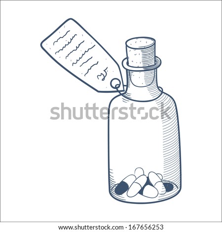 Bottle with pills isolated on white. Sketch vector element for medical or health care design