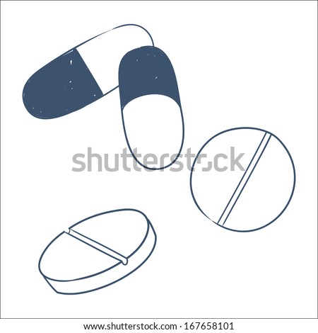 Tablets and pills isolated on white. Sketch vector element for medical or health care design
