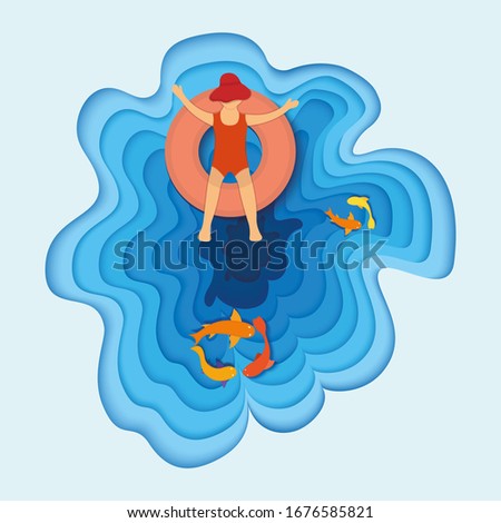 Tropical vacation sea, kid character on water mattress, oceanic fish, concept cutting paper illustration. Design flat web banner, poster and greeting card ocean holiday.