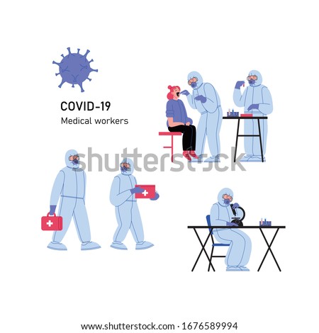 Set of flat illustrations of medical doctors wearing covid-19 protection suit running tests, doing research, walking and treating patient at the medical office Royalty-Free Stock Photo #1676589994