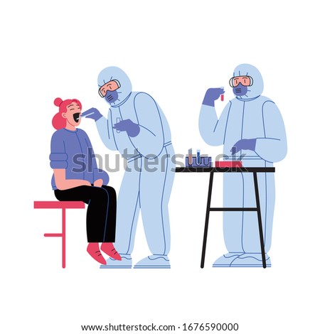 Flat illustration of two medical doctors wearing covid-19 protection suit running tests and treating patient at the medical office Royalty-Free Stock Photo #1676590000