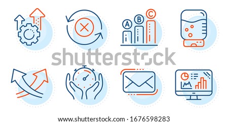 Seo gear, Timer and Reject refresh signs. Messenger mail, Intersection arrows and Analytics graph line icons set. Graph chart, Water cooler symbols. New e-mail, Exchange. Technology set. Vector