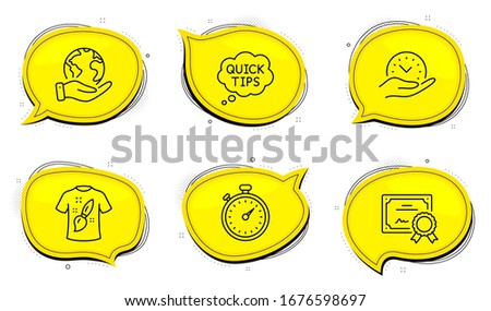 Safe time sign. Diploma certificate, save planet chat bubbles. Timer, Quick tips and T-shirt design line icons set. Stopwatch gadget, Helpful tricks, Painting. Management. Business set. Vector