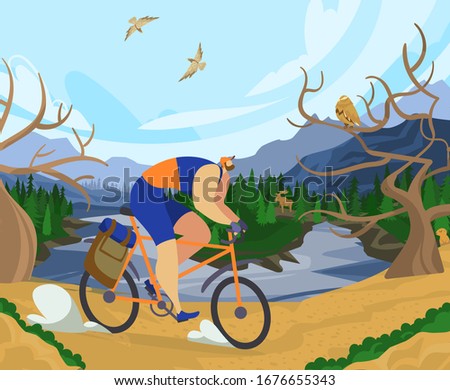 Outdoor recreation, character male on bike ride, national park, lake, forest, place for sport activities, cartoon vector illustration. Design for web banner, poster and postcard.