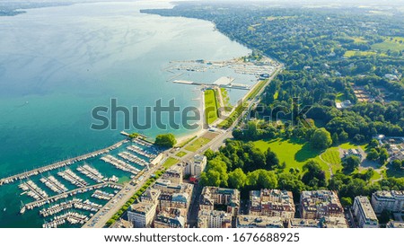 Geneva, Switzerland. Villa la Grange. Flight over the central part of the city. Lake Geneva, Aerial View  