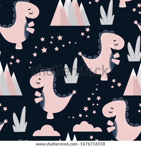 Cute seamless pattern with pink dinosaurs on a dark background.  Funny cartoon dino seamless pattern. Dinosaur pattern vector. Hand drawn children's pattern for fashion clothes, shirt, fabric.