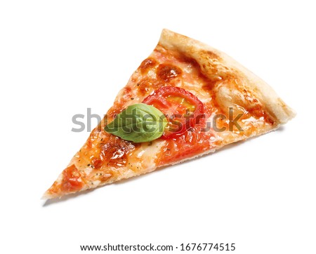 Slice of delicious pizza Margherita isolated on white