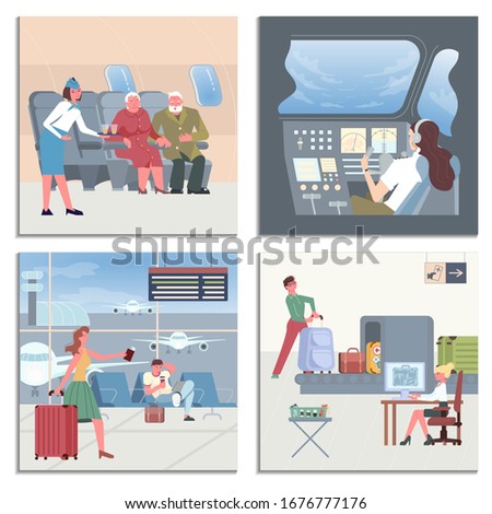 Set of Airport Banners. Luggage conveyor belt, lounge interior, runway for airplanes, airport train and passengers. Flat Art Vector illustration