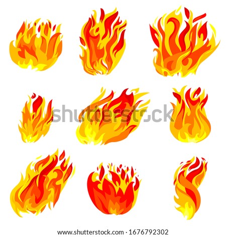Fire, Torch Flame Icons Set Isolated on White Background. Burning Campfire or Candle Blaze Effect, Glow Orange and Yellow Shining Flare Design Element. Cartoon Vector Illustration, Animation, Clip Art