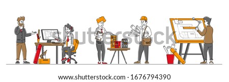 Set of Architects and Engineer Characters Working on Project Painting Plan on Blueprint and Presenting House Mock Up. Building and Engineering Construction Works. Linear People Vector Illustration
