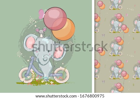 cute card with cute elephant and seamless pattern
