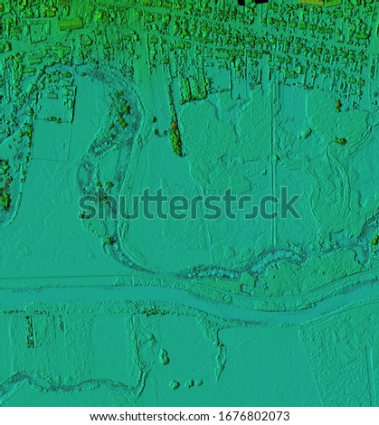 Digital elevation model. GIS product made after proccesing aerial pictures taken from a drone. It shows meandering river with swamps by the city.