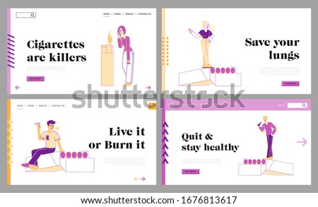 Passive Smoking Social Problem Landing Page Template Set. Woman Man with Cigarettes Smoke in Public Place. People Characters Tobacco Addiction Unhealthy Bad Habit. Linear People Vector Illustration