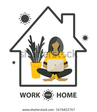 Self-quarantine concept. Work at home during an outbreak of the COVID-19 virus. Coronavirus quarantine preventive measures. Prevent infection spreading. Person working on laptop. Vector illustration Royalty-Free Stock Photo #1676822767