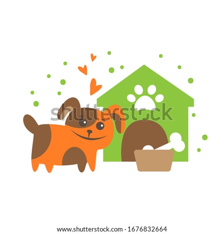 Happy dog and food. Vector illustration. Flat design elements for greeting card, banner, leaflet, poster.